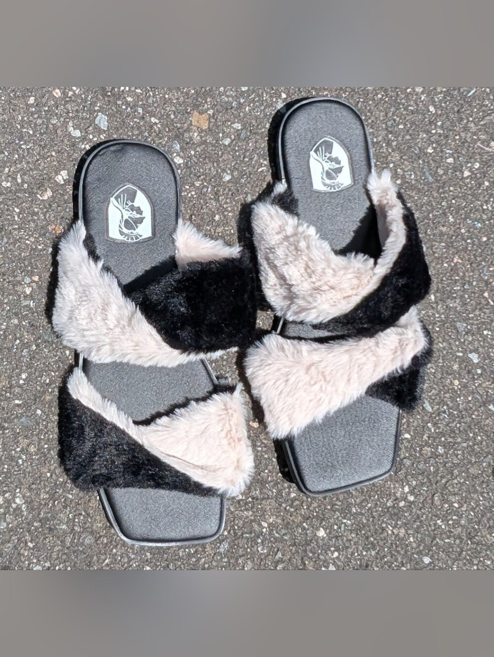 Vivienne Hu VHNY black and cream faux fur slippers featuring a colorblock design